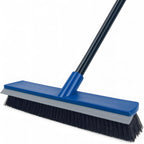 16 Inch Push Broom Outdoor 2 in 1 with Rubber Squeegee and Stiff Bristle Deck Brush 58" Long Handle for Deck Patio Garage Warehouse Driveway Concrete Floor Cleaning Scrubbing(Blue)