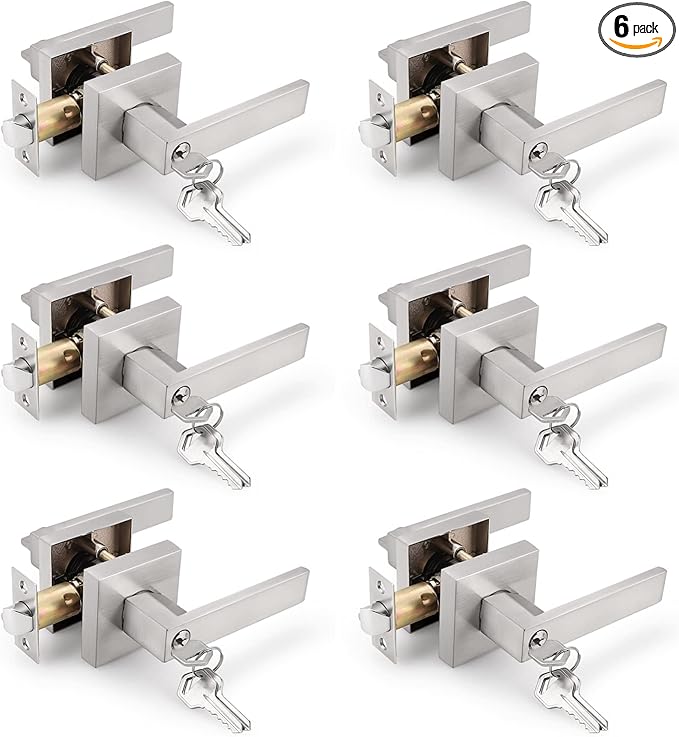 Gobrico 6 Keyed-Alike Entry Door Levers with Same Key,Interior Doors Exterior Doors Use,Satin Nickel Finished,Square Door Locksets Handles