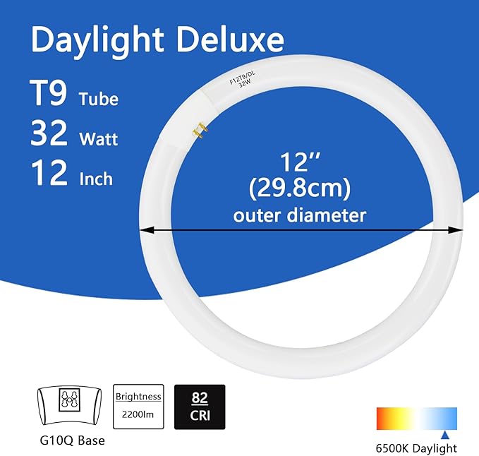 (2 Pack) FC12T9/DX 32 Watts 12 Inch T9 Round Fluorescent Circular Light Bulb, Daylight-6500K, FC12T9/DL 2100 Lumens G10Q 4-Pin Base 32W Circline Ceiling Lights