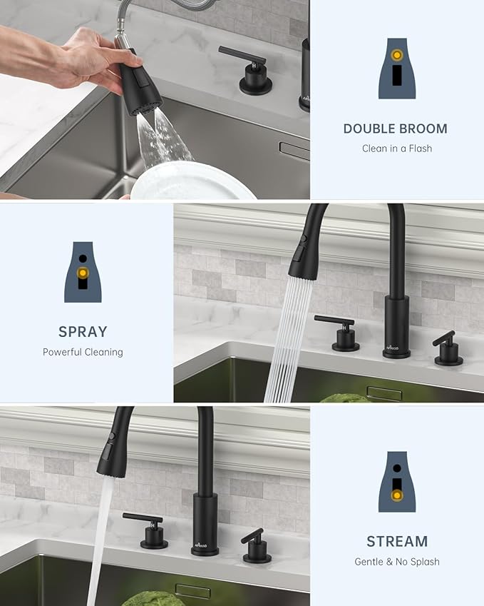 APPASO 2 Handle Kitchen Faucet, 4 Hole Black Kitchen Sink Faucet with Soap Dispenser, Modern High Arc 3 Hole Faucet for Kitchen Sink
