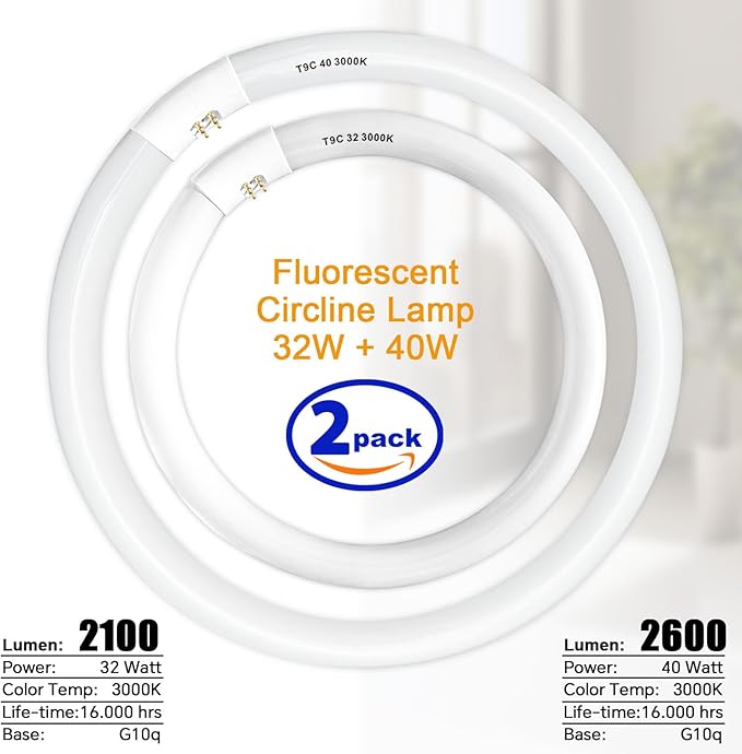 FC16T9/WW 40 Watt and FC12T9/WW 32W Set, 2700K Soft White, 16'' T9 40W Circline Light Bulbs, 12 inch 32 Watt Circular Fluorescent Tube, Round Fluorescent Bulb CRI 82, 5700 Lumen G10q