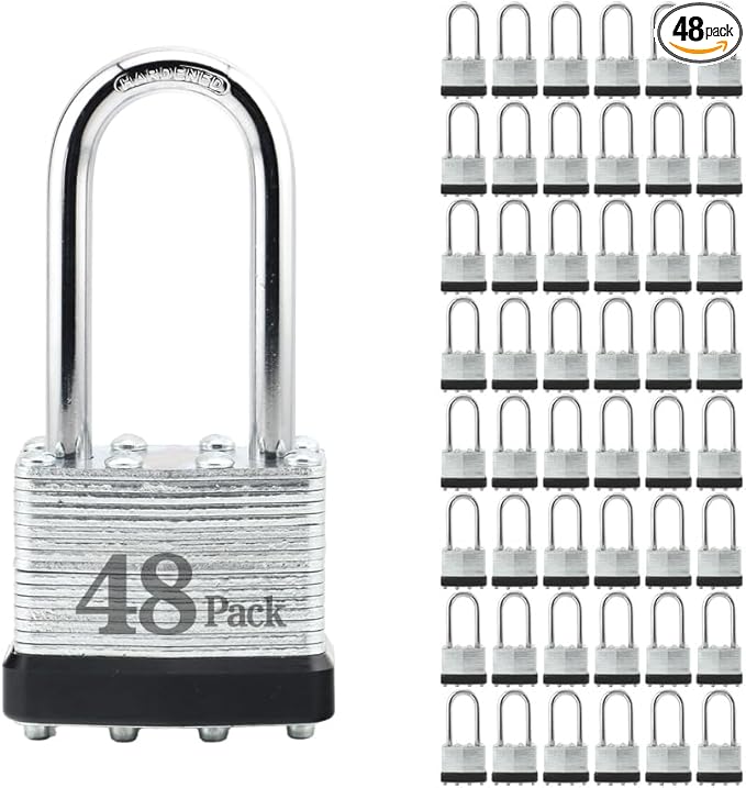 ZonRo Locks Laminated Steel Keyed Padlocks,Keyed Alike Locks, 1-9/16 inch Wide,Long Shackle Padlocks, Pack of 48，Black Hoop, for Hasp Latch, Sheds, Fences, Storage Locker, School, Gym…