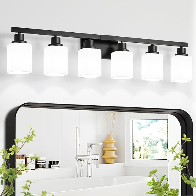 6 Light Bathroom Vanity Light, Modern Matte Black Bathroom Light Fixtures with Square Frosted Glass, Wall Sconces fixtures Over Mirror Restroom,Living Room Hallway E26