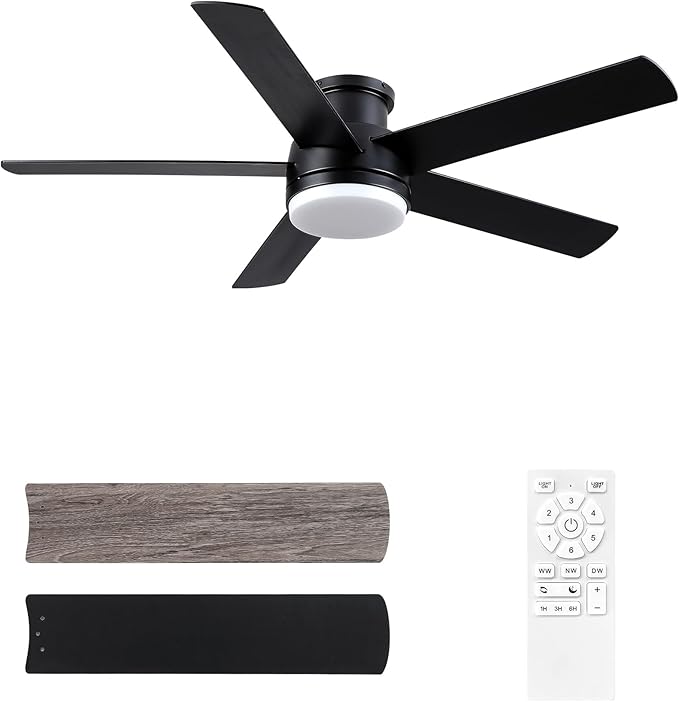 52 Inch Black Ceiling Fan With Lights Flush Mount Dimmable 3 Color Temperatures LED Remote Control 6 Speed Reversible DC Motor 5 Blades Modern Ceiling Fan Design for Indoor or Covered Outdoor