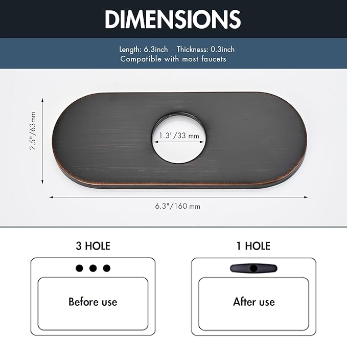 6 Inch Faucet Deck Plate for Bathroom Sink - Universal Fit for 1 Hole or 3 Hole 4 Inch Centerset Basins - Escutcheon Faucet Plate - Stainless Steel Faucet Hole Cover(Oil Rubbed Bronze)