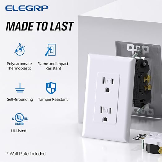 ELEGRP Decorator Wall Receptacle Outlet, Tamper Resistant 15A 125V Standard Electrical Wall Outlet, Residential Grade, Self-grounding, with Screwless Wall Plate, UL (10 Pack, Glossy White)