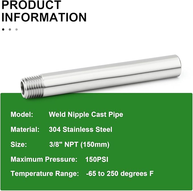 TAISHER 2PCS 304 Stainless Steel Pipe Fittings, 3/8" NPT Male Threaded, 6" Length Weld Nipple Cast Pipe
