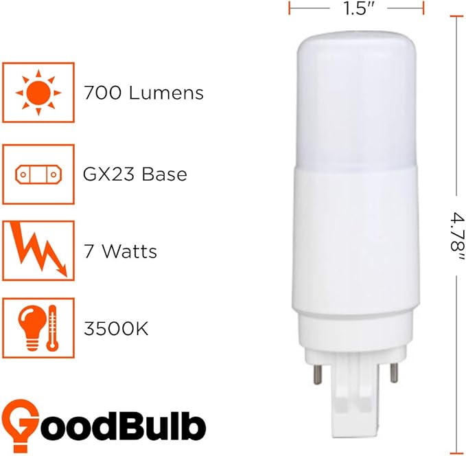 GoodBulb 9 Watt Replacement Omni LED Plug-in Light Bulbs | Commercial 7 Watt Hybrid 2 Pin GX23 Base 3500K Neutral White | High Output 700 Lumens | 260° Beam LED PL Light Bulbs | 10 Pack