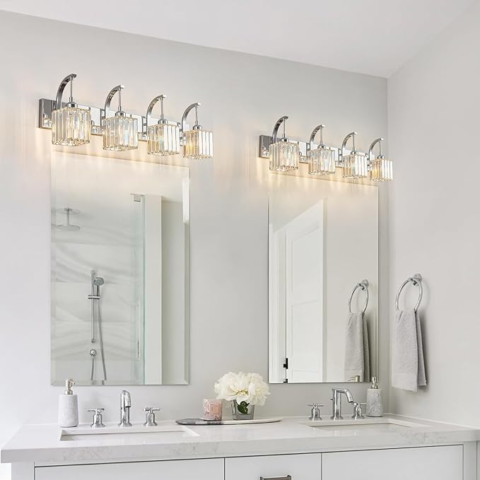Crystal Vanity Lights 4-Light Chrome Bathroom Vanity Lights Modern Crystal Bathroom Light Fixtures Over Mirror 32.67" Long Vanity Light for Bathroom