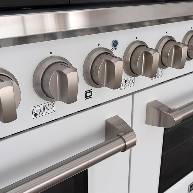 Akicon 48 Inch Freestanding Gas Range - 6.7 cu. ft. Double Rapid Convection Gas Oven - Gas Stove with 8 Sealed Burners & a Griddle, Heavy Duty Cast Iron Grates (White & Stainless Steel)