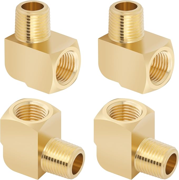 KOOTANS 4pcs 1/8 NPT 90 Degree Barstock Street Elbow Brass Fittings, 1/8" NPT Male to 1/8" NPT Female Thread Elbow Forged Brass Pipe Fitting