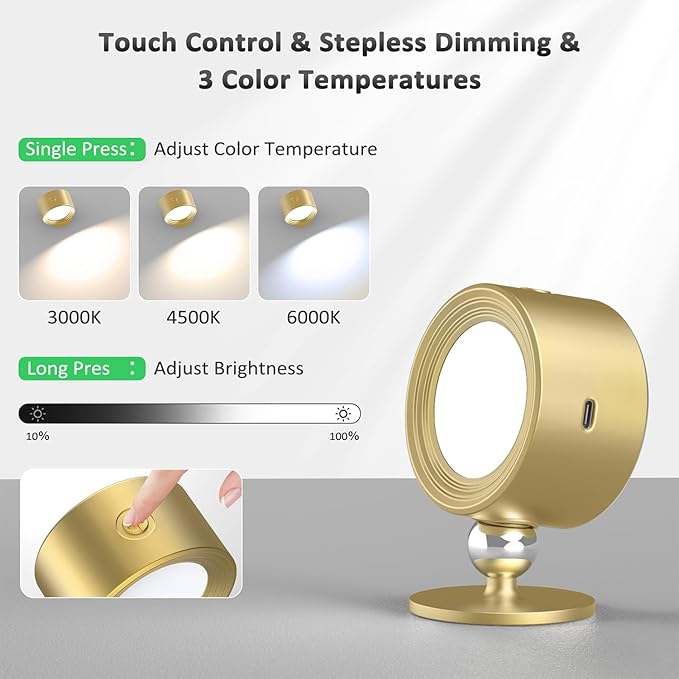 LED Wall Lights Lamp 3 Color Temperatures & Dimmable Magnetic 360° Rotation with Remote, Wall Sconces 3 Pcs with 3000mAh Rechargeable Battery, Cordless Wall Light for Reading Bedside Hallway
