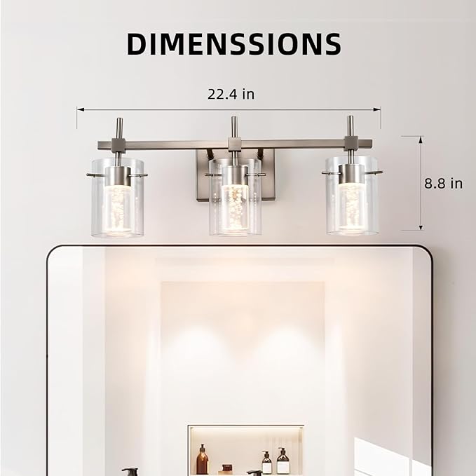 Bathroom Light Fixtures 3-Light, Brushed Nickel Vanity Light Over Mirror Dimmable 3 Color (3000K/4000K/6000K), Eye Protection LED Bathroom Lights Wall lamp Over Mirror with Clear Glass Shade