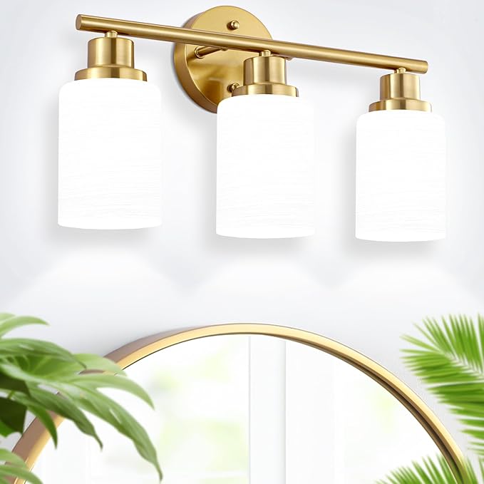 3-Light Bathroom Light Fixtures, Vanity Lights for Mirror with Textured Milky White Glass Shade, Modern Kitchen Light Fixtures Wall Sconce Light - E26 Base - Brushed Gold