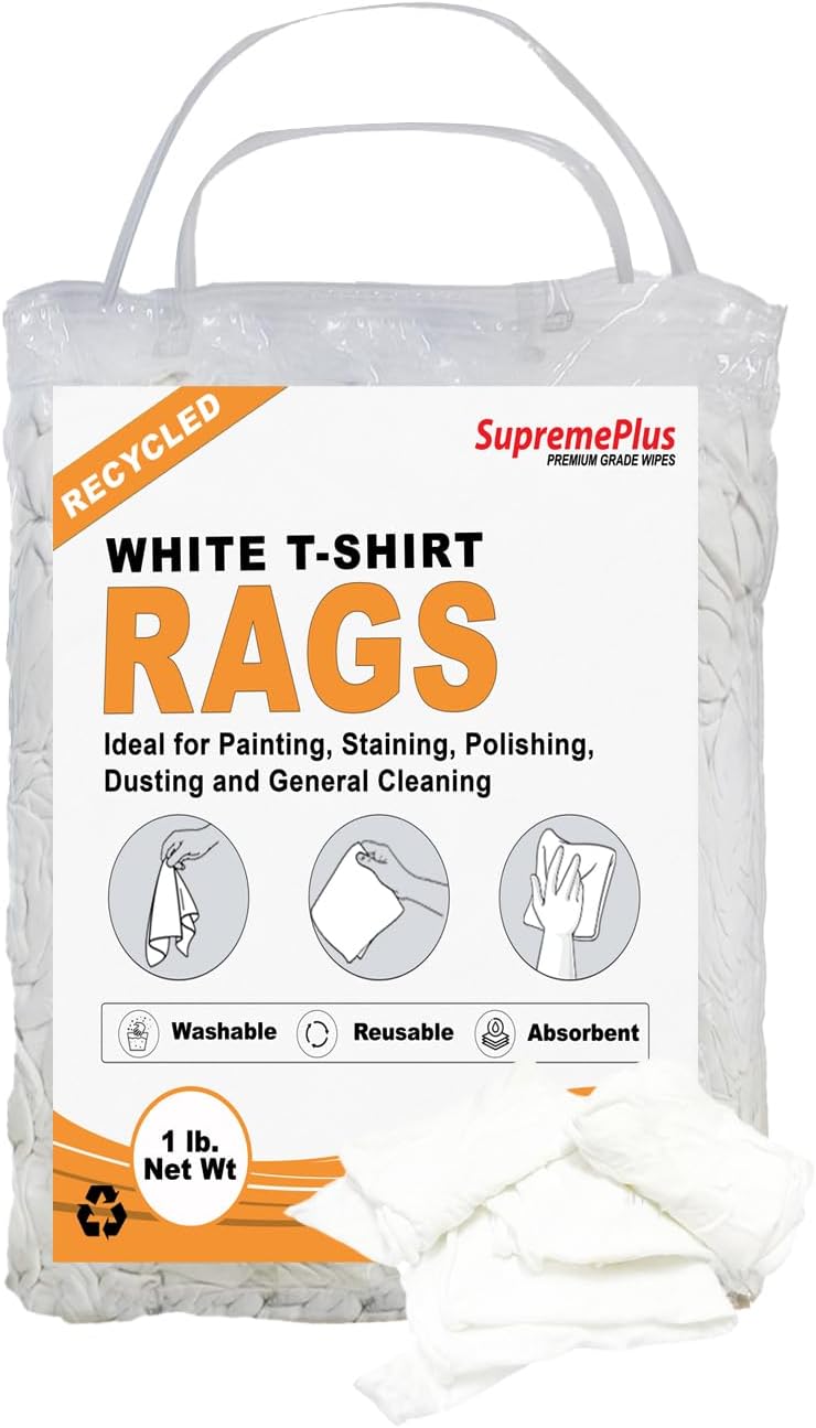 Recycled White T-Shirt Cleaning Cloths (1 lb. Bag) – Shop Rags Bulk for Oil, Stain, Grease, Paint, and Auto Cleaning, Multipurpose White Cotton Rags