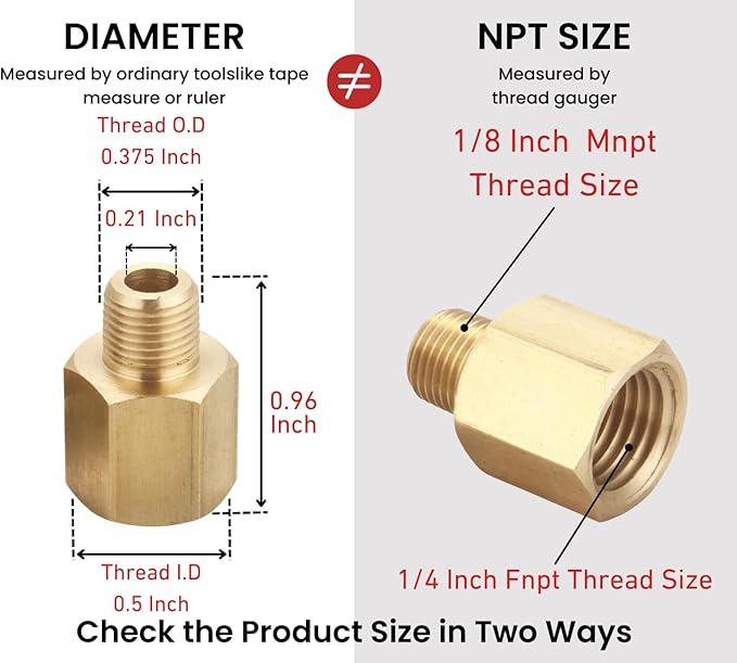 Brass Pipe Fitting, Adapter, 1/8 Inch NPT Male Pipe x 1/4 Inch NPT Female Pipe, Pack of 5