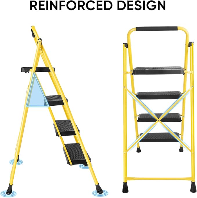 TICONN 4 Step Ladder, Heavy Duty Foldable Step Stool, Portable Steel Folding Stool for Household Garage Storage (Yellow)