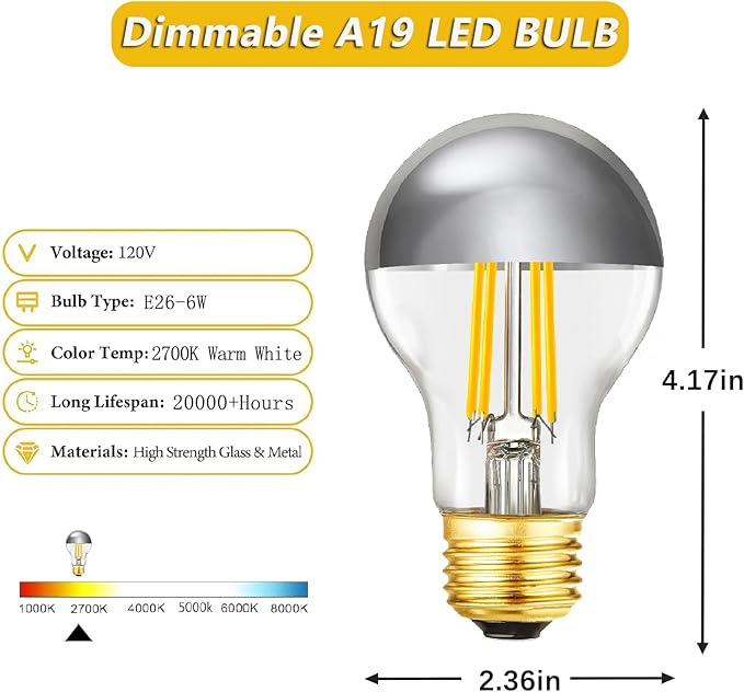 Half Chrome Light Bulb 6W (60 Watt Equivalent), Dimmable A19 2700K Warm White Decorative LED Edison Bulb, E26 Silver Tipped Light Bulb,A60,AC120V, Pack of 4