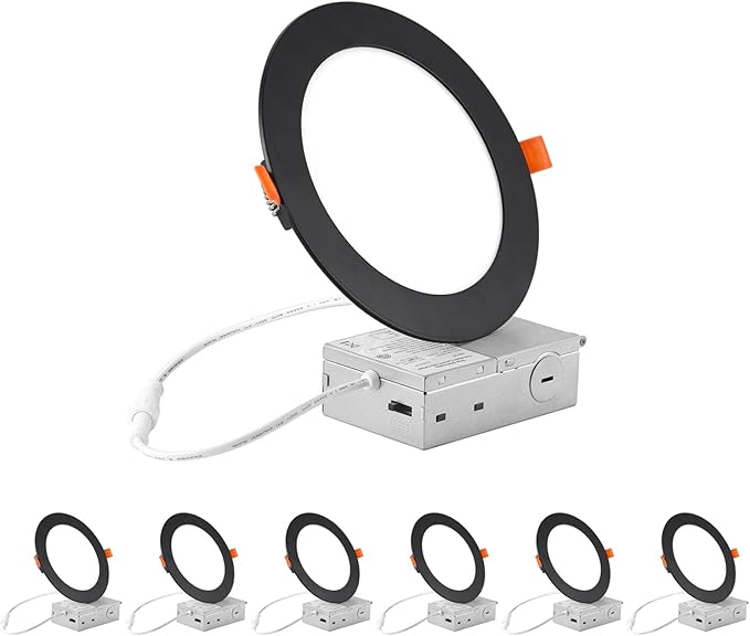 ZYC recessed Lighting 6 inch - 12W 1100LM High Brightness,5CCT 2700K/3000K/3500K/4000K/5000K Selectable,Ultra-Thin LED Recessed Ceiling Light,Dimmable Canless Wafer Downlight,Pack of 6 Black.