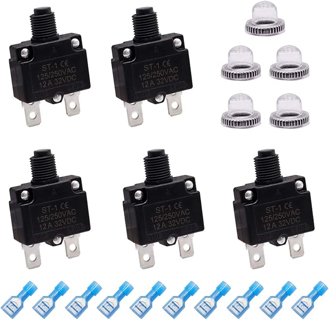 mxuteuk 5Pcs 12Amp Circuit Breakers Push Button Manual Reset 125/250V AC 32V DC,Overload Protector Switch Thermal Circuit Breakers with Quick Connect Terminals and Waterproof Button Caps ST1-5-12A