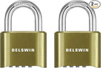 DELSWIN 4-Digit Combination Lock Outdoor Padlock - Heavy Duty Locker Lock with Hardened Steel Shackle, Waterproof Combo Lock for Gym Locker, Hasp Storage, Shed, Fence, Gate (Brass,2Pcs)