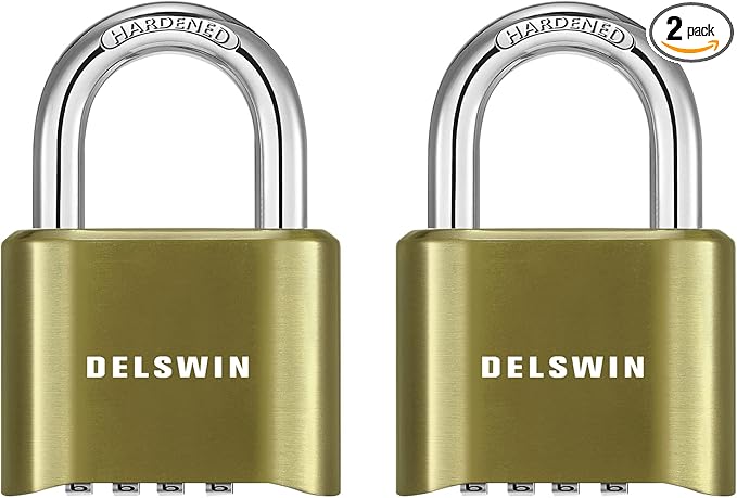 DELSWIN 4-Digit Combination Lock Outdoor Padlock - Heavy Duty Locker Lock with Hardened Steel Shackle, Waterproof Combo Lock for Gym Locker, Hasp Storage, Shed, Fence, Gate (Brass,2Pcs)