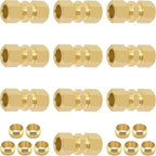 1/2 Inch Compression Fitting,10 Pcs Brass Compression Tube Pipe Fittings, 1/2" OD X 1/2" OD Compression Union Connectors & 10 Pcs Sleeves Ferrules (Pack of 20)