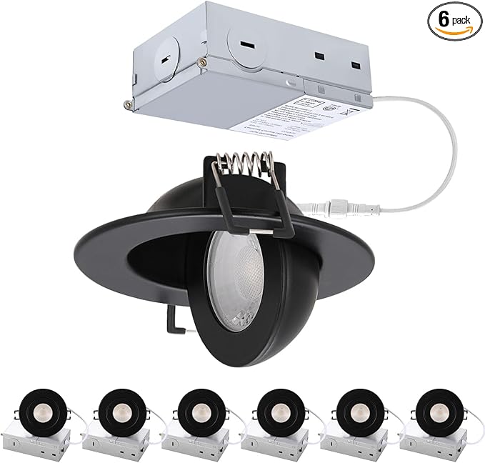 3 inch Black Recessed Lights, 7W Canless Gimbal Soffit Lighting, Canless Lights, 5CCT Dimmable 90°Tilt Wafer 3 inch Light, Retrofit Rotatable Eyeball Swivel Spot Downlight 6 Pack Black