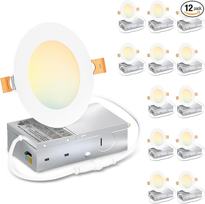 LVWIT 12 Pack Ultra-Thin Recessed Lighting 4 Inch with Junction Box, 800LM 2700K-5000K 5CCT LED Ceiling Lights, Dimmable Canless Wafer Downlight, ETL,FCC&IC, Smooth Trim