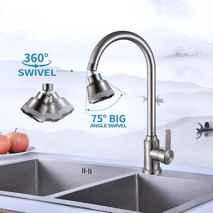 4 Spray Modes Faucet Aerator,360 Degree Faucet Sprayer Attachment,Big Angle Kitchen Faucet Aerator,Swivel Faucet Extender,Sink Sprayer Attachment for faucet,55/64 inch Female Thread (Brushed Nickel)