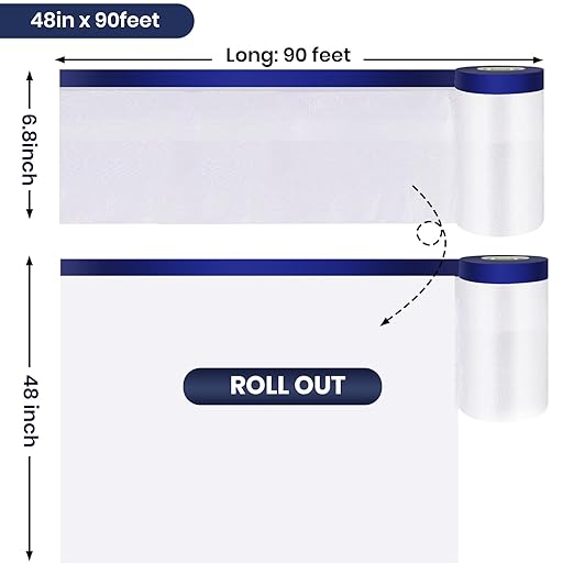 ADHES Painters Plastic with Tape, 48 inch x 90 feet x 3 Rolls Painters Tape with Plastic Attached, Pre Taped Masking Film Tape and Drape for Automotive Painting Covering