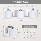 Stainless Steel Milk Glass Vanity Lights for Bathroom, 3 Light Polished Chrome Bathroom Light Fixtures Over Mirror, Ceramic E26 Sockets Wall Mounted