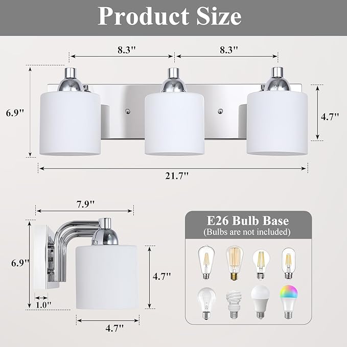 Stainless Steel Milk Glass Vanity Lights for Bathroom, 3 Light Polished Chrome Bathroom Light Fixtures Over Mirror, Ceramic E26 Sockets Wall Mounted