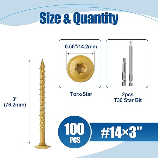 Lag Screws #14×3", 100PCS Heavy Duty Construction Screws, Rust Resistant, Washer Head, Bronze Coated External Wood Screws, Trusss Lag Screws, 2PCS T30 Star Bit Included