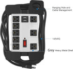 CCCEI Heavy Duty Power Strip with USB, Workshop 8 Outlet Surge Protector 2700 Joules, Industrial Metal 15Amp Power Strip, 20 FT Extension Cord and Wide Spaced Grey.