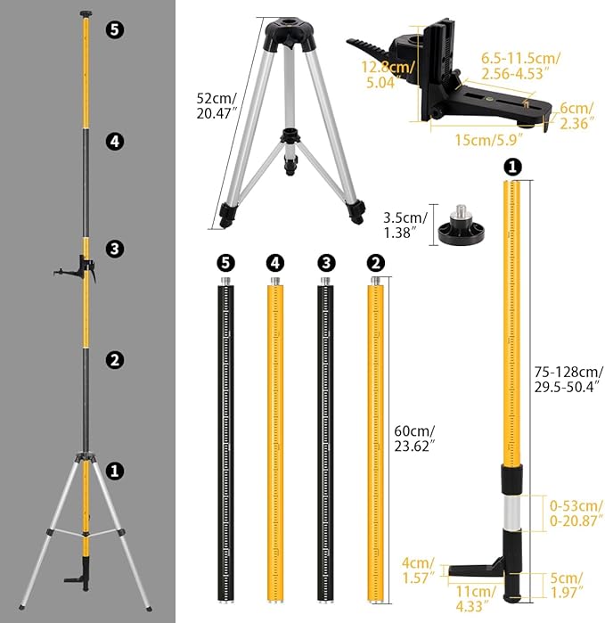 12 Ft./3.7M Laser Level Pole, Telescoping Laser Pole with Tripod and 1/4-Inch by 20-Inch Laser Mount, 5/8"-11 Threaded Adapter, Adjustable Laser Level Mounting Pole for Rotary and Line Lasers