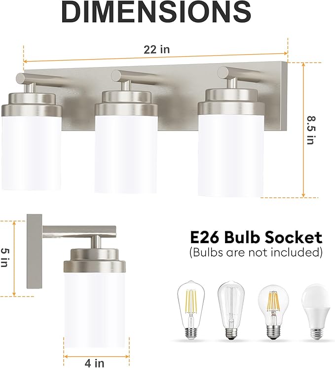 IZORRO Bathroom Vanity Light Fixture, 3-Light 22 Inch Brushed Nickel Bathroom Light Fixtures Over Mirror, with White Glass Shade, Modern Farmhouse Vanity Lights, Rustic Restroom Lighting Fixtures