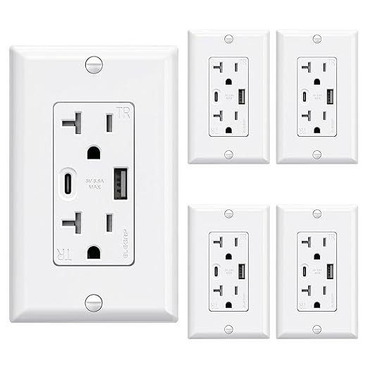 ELEGRP USB Wall Outlets, 20 Amp USB C Wall Outlets Receptacles, Outlets with USB A and USB C Ports, Tamper Resistant Receptacle, Wall Plate Included, UL Listed, 5 Pack, White