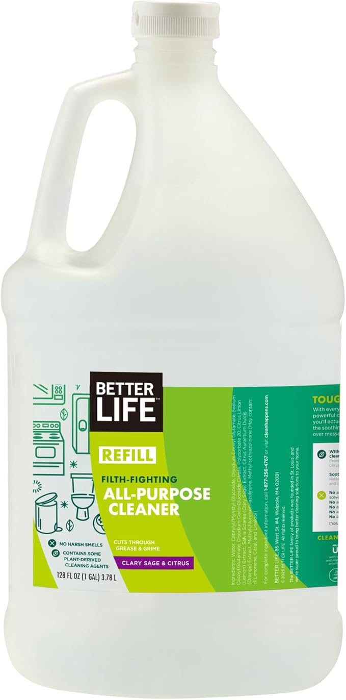 Better Life All Purpose Cleaner - Multipurpose Home and Kitchen Cleaning Spray for Glass, Countertops, Appliances, Upholstery & More - Multi-surface Spray Cleaner - 1 Gal Refill Clary Sage & Citrus