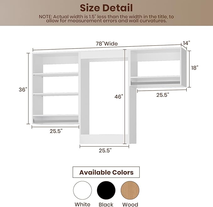 ROOMTEC Modular Closet System, 78" Closet Organizer with Hanging Rods, Wall-Mounted Wooden Tower for Walk-In Closets, Wardrobe Storage Kit, White