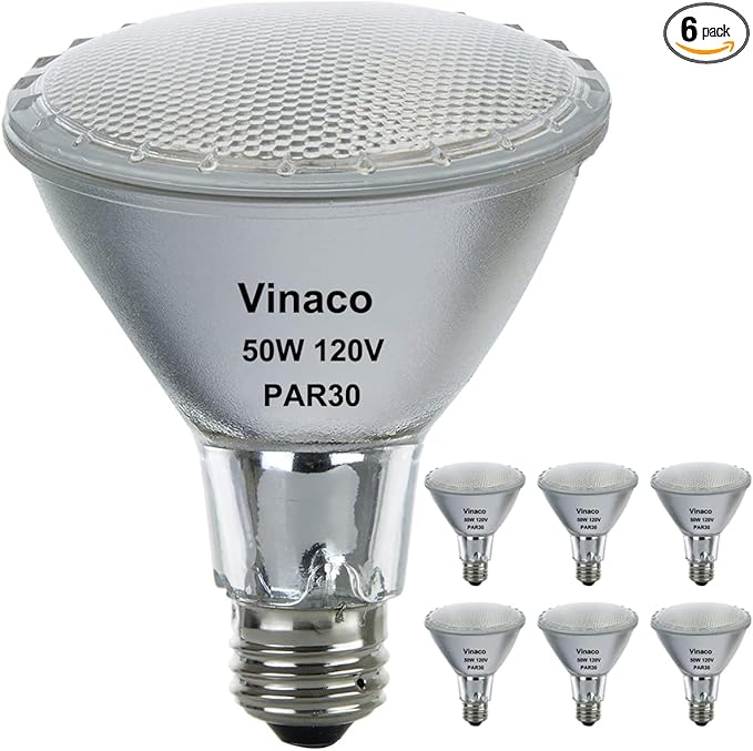 Vinaco PAR30 Flood Light 50W, 6 Pack High Brightness 650LM PAR30 Halogen Long Neck Dimmable,PAR30L Flood 50 Watt 3000K Warm White, Long Lasting PAR30 50W 120V Flood Long Neck with E26 Base