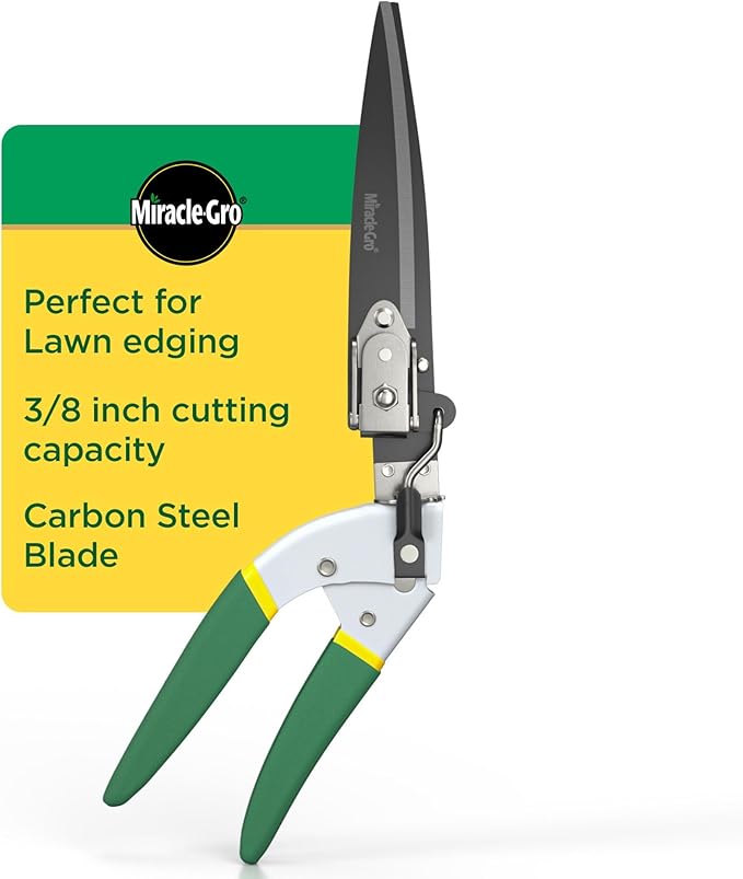 Miracle-Gro Grass Trimming Shears – Adjustable Rotating Handle with Sharp Non-Stick Carbon Steel Blades, Comfort Handles, and Safety Lock for Precise Garden and Lawn Edging