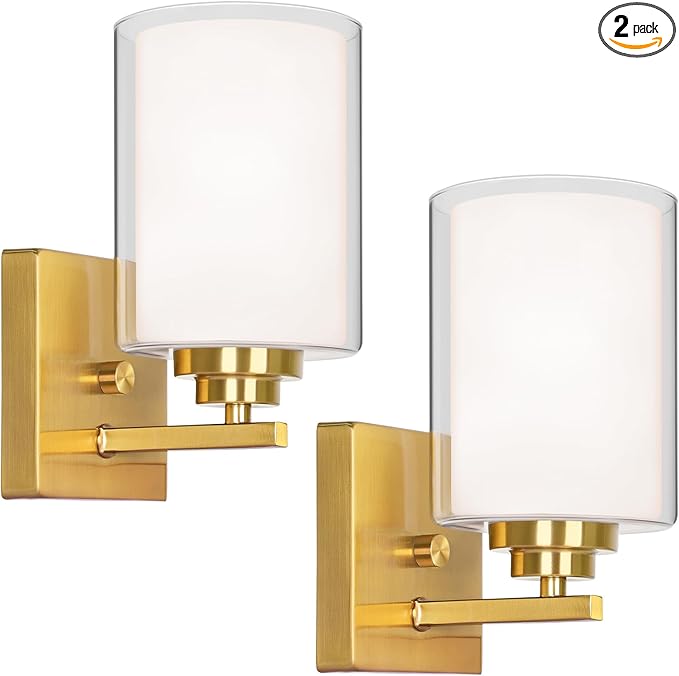 Set of 2 Wall Sconces for Bathroom, Modern Vanity Light Fixtures, Gold Wall Mount Lighting Lanterns, Farmhouse Wall Lights with Double Clear Glass Shade for Bedroom Living Room Mirror Hallway