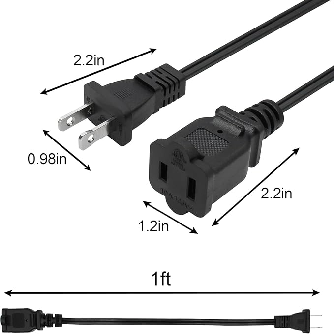 2 Prong Extension Cord 1FT,2Pack Short and Thin Cord Extension,Indoor Male/Female Power Cable, UL Listed Perfect for Home, Office or Christmas Lights,Black