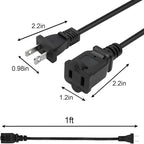 2 Prong Extension Cord 1FT,2Pack Short and Thin Cord Extension,Indoor Male/Female Power Cable, UL Listed Perfect for Home, Office or Christmas Lights,Black