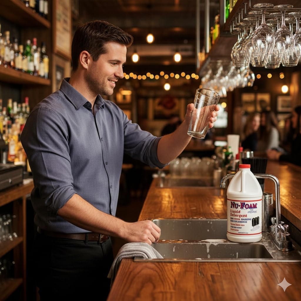 Nu-Foam Liquid Detergent for Bar Glassware – Original Streak-Free Solution - Hand Washing Bar, Tavern, Brewery Supplies - Spotless Serving Glasses - Concentrated Formula - Easy On Hands - 64oz Jug