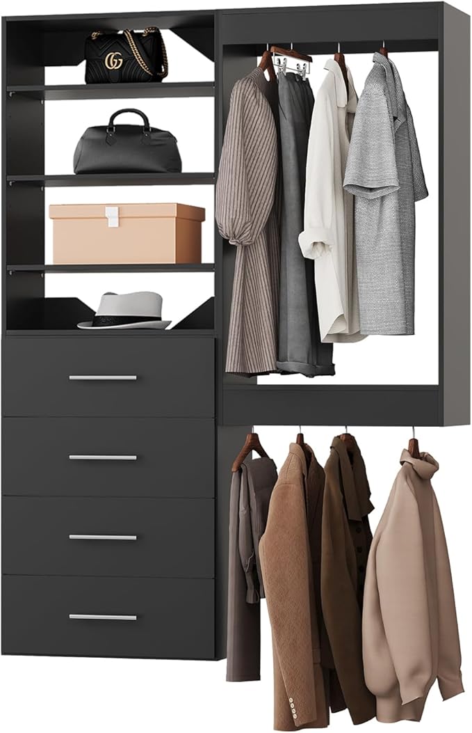 Modular Closet System, 55" Wide Organizer With Tower and Drawers, Wood Storage for Walk In Closets, Wall Mounted Wardrobe Kit, Bedroom, Black