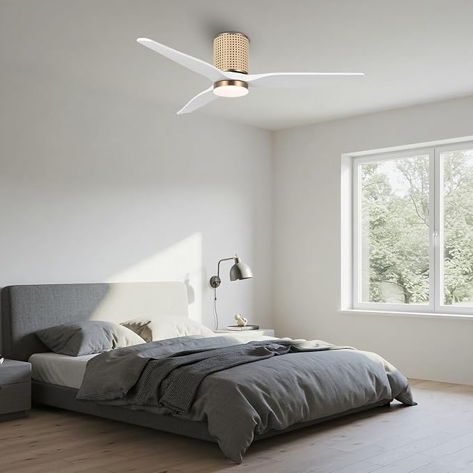 52" Ceiling Fan with Light - Low Profile Flush Mount Ceiling Fan, 6-Speed Remote Control, Solid Wood, Quiet Reversible DC Motor, White/Gold Finish, for Bedroom, Living Room, Porch