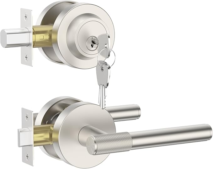 Asidrama Premium Satin Nickel Zinc-Alloy Front Door Lock Set: Double Cylinder Deadbolt, Heavy Duty Security Handleset for Left/Right Exterior Doors, Universal Entry Locks (2 Pack)