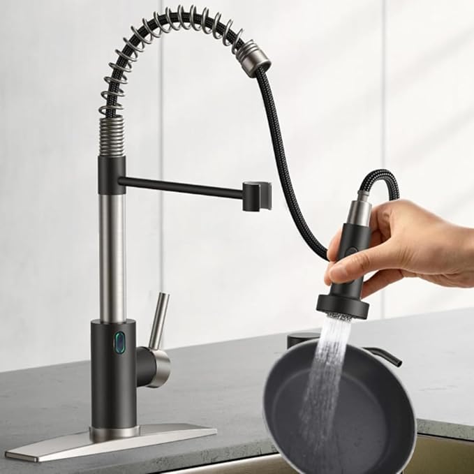 Touch-Less Kitchen Faucet, 3 Modes Pull Down Sprayer, LED Temperature Control,Ceramic Valve, 360-Degree Rotation, 1 or 3 Hole Deck Plate. 10-Year Warranty.(KW-79NR, Brushed Nickel/Black)